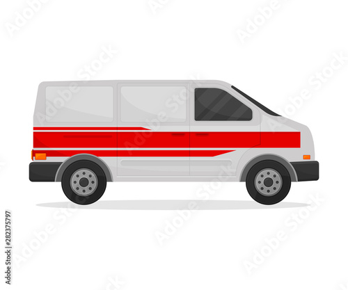 Medical white minibus with three red stripes. Vector illustration on white background.