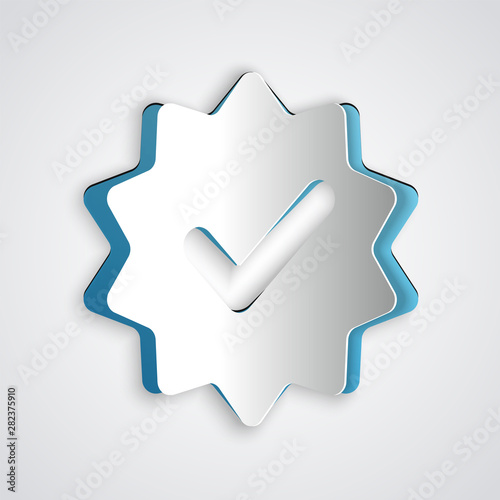 Paper cut Approved or certified medal with ribbons and check mark icon isolated on grey background. Paper art style. Vector Illustration