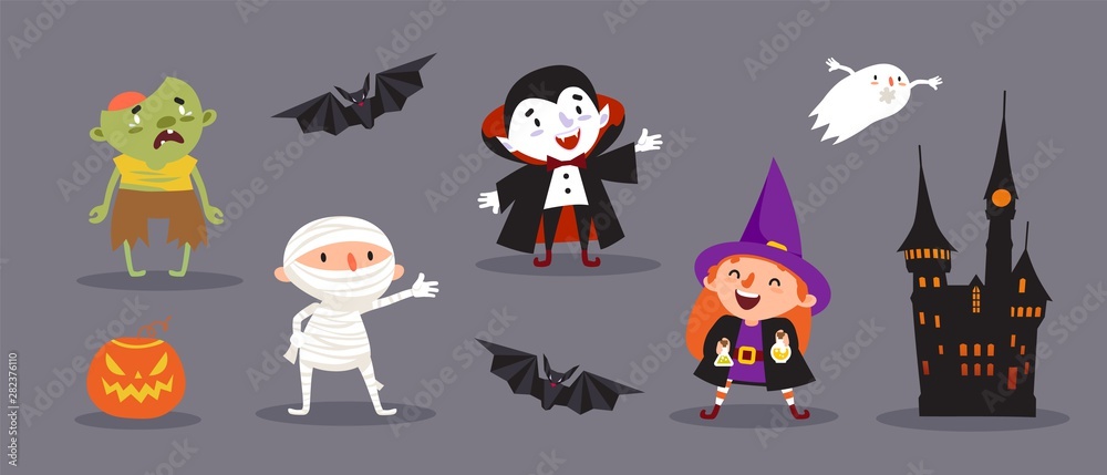 Happy Halloween, a set of cute characters for your festive design. Witch, vampire, mummy, ghoul, dead man, ghost, bat, castle, pumpkin. Isolated vector illustration Happy Halloween, a set of cute characters for your festive design. Witch, vampire, mummy, ghoul, dead man, ghost, bat, castle, pumpkin. Isolated vector illustration