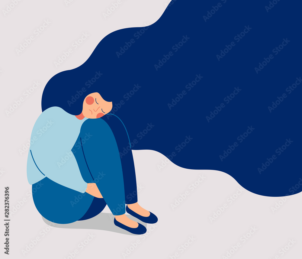 Sad lonely Woman in depression with flying hair. Young unhappy girl sitting  and hugging her knees. Depressed teenager. Colorful vector illustration in  flat cartoon style Stock Vector | Adobe Stock