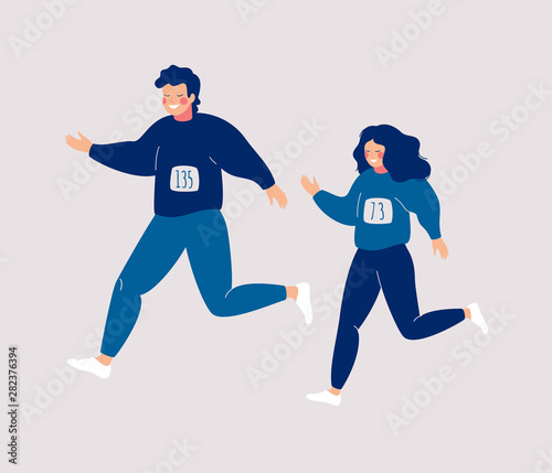 Cartoon young people running or jogging for fitness in sportswear. Charity race runs and fitness walks. Vector illustration