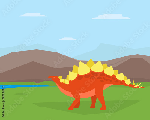 Dinosaur on Beautiful Mountain Landscape  Spinosaurus Prehistoric Animal on Nature Vector Illustration