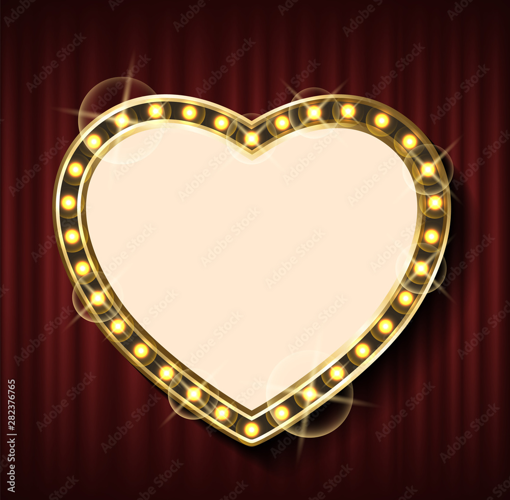 Heart shape frame on background of red curtains. Advertisement border template with spare place for text, lightbulbs and burning lights, signboard mockup