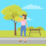 Sportive woman drinking water from bottle in city park with tree and bench. Vector girl in shirt and trousers with refreshing aqua or juice in pack