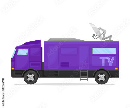 Dark blue TV van with a gray roof. Vector illustration on white background.