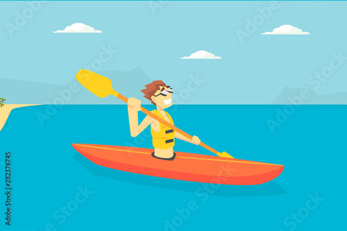 Man Paddling Kayak  Male Tourist Spending Active Vacation on Seaside  Kayaking Water Sport Vector Illustration