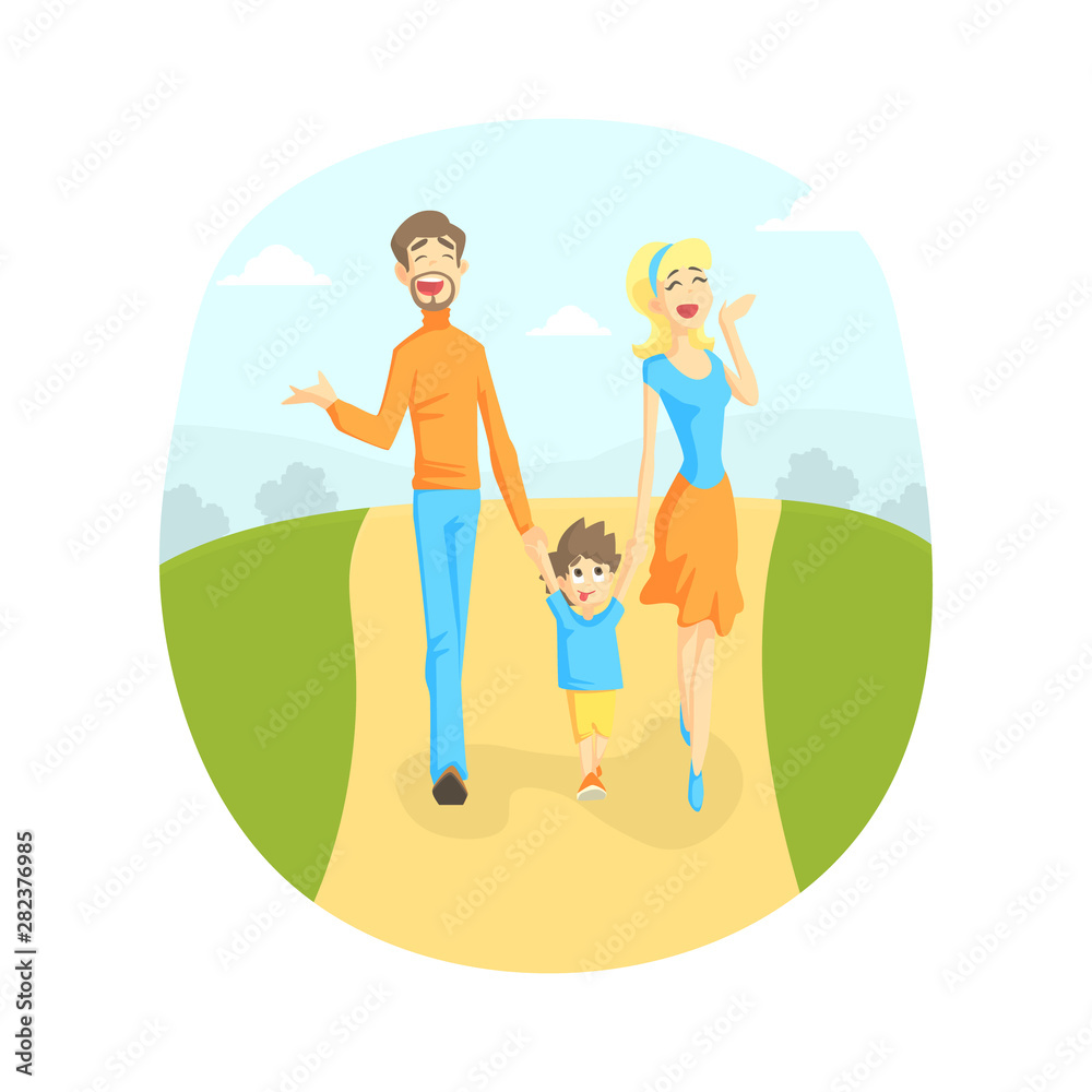 Cheerful Parents and Their Toddler Baby Walking in Park Outdoor, Mother, Father and Son Holding Hands, Happy Family Vector Illustration