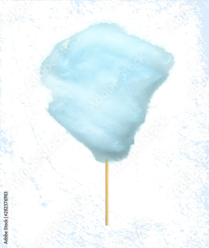 Sweet cotton candy of bilberry taste isolated on blue and white background. Vector confectionery, fluffy sugar summer dessert on stick, tasty food snack