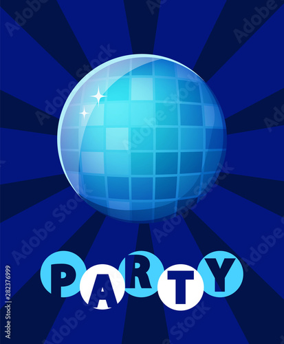 Disco ball vector, poster with decoration at night club flat style clubbing element shining decor. Nightlife inscription bright round sphere partying