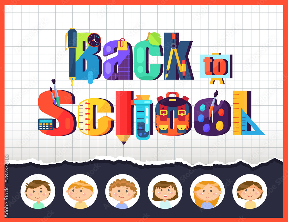 Notebook sheet and stationery, pupils children, back to school vector. Pencil and clipper, plant leaf and divider, easel and brush, calculator and flask, schoolboy and schoolgirl Notebook sheet and stationery, pupils children, back to school vector. Pencil and clipper, plant leaf and divider, easel and brush, calculator and flask, schoolboy and schoolgirl