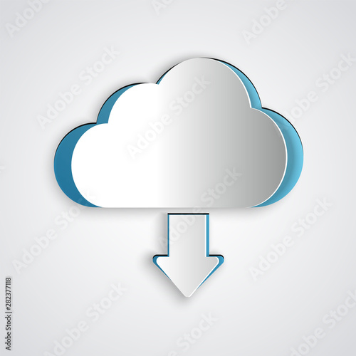 Paper cut Cloud download icon isolated on grey background. Paper art style. Vector Illustration