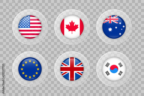 USA, Canada, Australia, European Union, United Kingdom, South Korea flag on transparent background. Isolated vector icon set for web, design, decoration, business, travel, infographic elements
