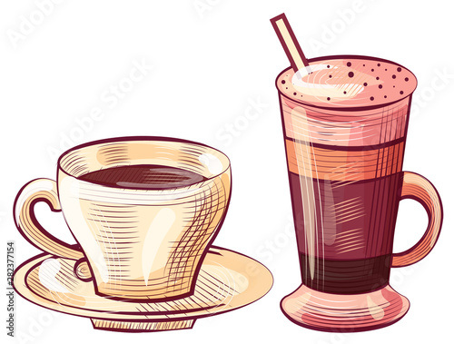 Coffee served in glass container vector, foamy beverage. Cup of tasty drink with foam containing caffeine. Mocha or espresso cappuccino flat style