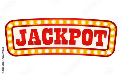 Retro banner with inscription vector, jackpot in casino flat style. Poster with shiny frame made up of bulbs. Playing games on money, gambling set photo