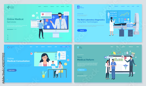 Online medical service, consultation and reform, laboratory diagnostics, new technologies, doctor man and woman helping patient, healthcare vector. Website or webpage template, landing page flat style