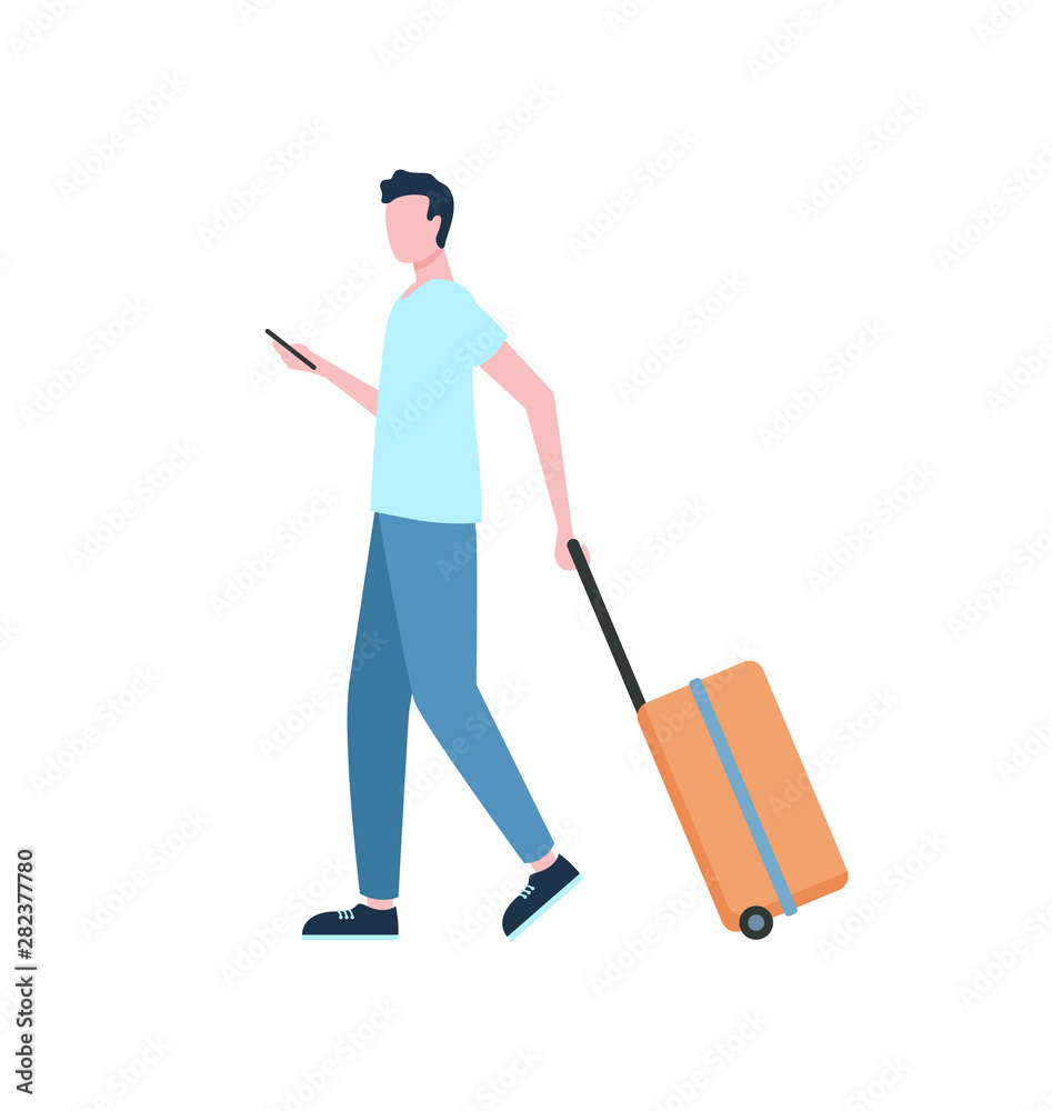 Time to travel, man with luggage and smartphone isolated on white. Vector man with phone and suitcase, going on trip, cartoon person side view Time to travel, man with luggage and smartphone isolated on white. Vector man with phone and suitcase, going on trip, cartoon person side view