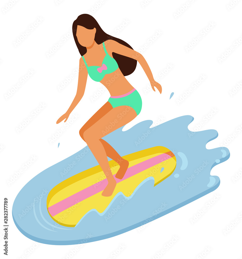 Young beautiful girl wearing light green swimming suit surfing in ocean. Woman with long brown hair in bikini on surfboard. Summer vacation, water sport vector. Summertime activity