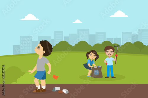 Boy and Girl Gathering Rubbish in Park, Bully Boy Throwing Garbage on Street Vector Illustration