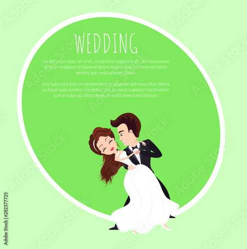 Wedding greeting card in green color decorated by dancing bride and groom characters, wife in white dress and husband in suit standing together vector