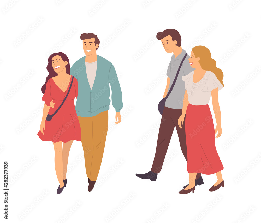 Obraz premium Man and woman in love vector, people walking holding hands, boyfriend and girlfriend showing emotions, happy couples set, isolated male and female
