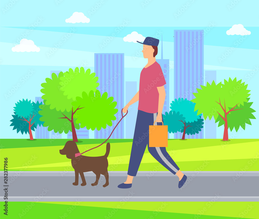 Person with dog on lead walking in city park among skyscrapers, green trees  and bushes. Vector man in hat with domestic pet, cartoon style character on  walk Stock Vector | Adobe Stock