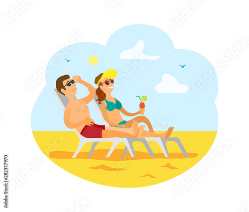 Beach summer vacation vector, man and woman holding cocktail beverage with straw. Lifestyle of lady, summertime relaxation of couple on chaise longue