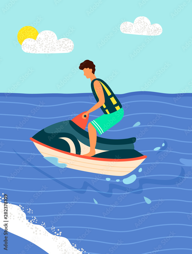 Water bike summer sport recreations. Vector beach activities, man surfer on board of aqua motorcycle, sea or ocean water splashes and sun in blue sky. Summertime activity