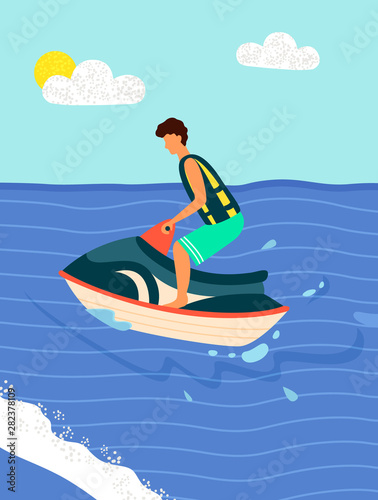 Water bike summer sport recreations. Vector beach activities  man surfer on board of aqua motorcycle  sea or ocean water splashes and sun in blue sky. Summertime activity