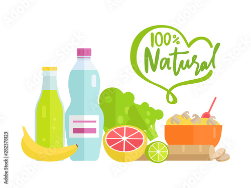 Natural food 100 percent organic vector  grapefruit and banana  bottle of fresh water  leaves and lime porridge in bowl served with spoon  dishes