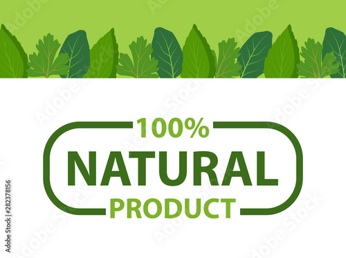 Kitchen herbs framing and eco products, organic logo of cosmetics, food, medicines. Vector natural product with 100 percent guarantee isolated in frame