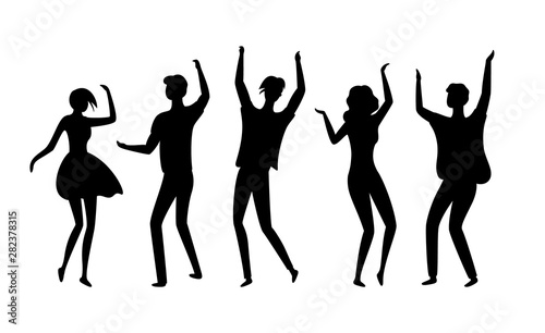 Clubbers vector  silhouette of isolated people having fun in clubs  dancers flat style man and woman moving bodies and raising hands up partying youth