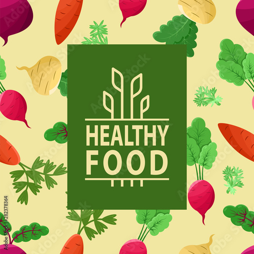 Healthy food vector, vegetables on background of pattern made of veggies, carrots and beetroots, radish and foliage of plants flat style poster, dieting nutrition