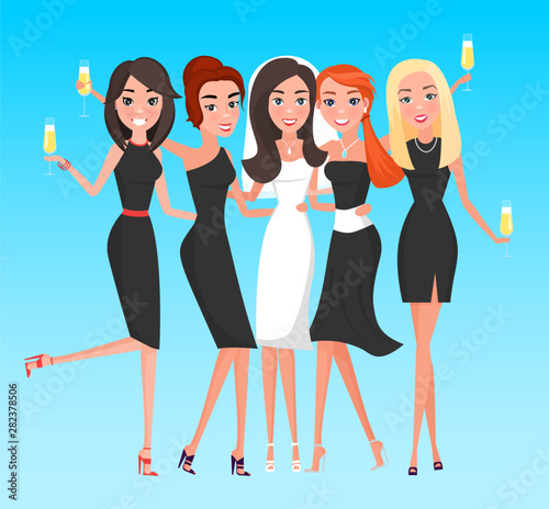 Smiling women hugging each other, bachelorette party. Happy bride standing with females, ladies wearing dress holding glass of champagne, hen-party vector