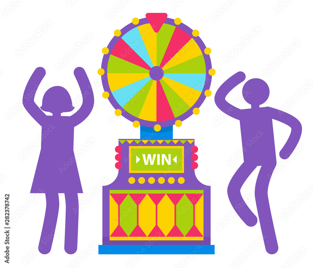 Purple silhouettes of man and woman spinning colorful fortune wheel.  Lottery and gambling. Lucky roulette, game of chance, winning money,  gamesome gambler or gamer bet in gaming computer machinery Stock Vector |