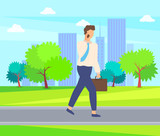 Man speaking on telephone, person in city park. Vector businessman lead mobile conversation outdoors hurrying on business meeting, summer trees and grass