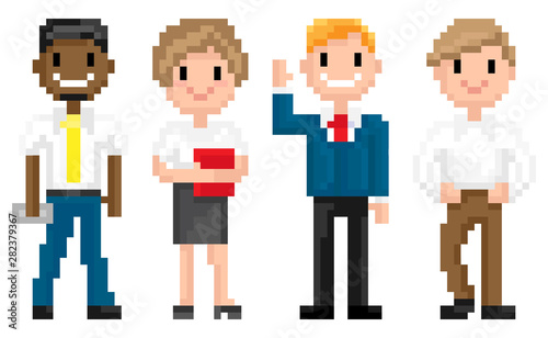 Man and woman pixelated graphics of 8 bit game isolated character of pixel game, mosaic representation, Afro American and Evropean personages, friends spending time together, for business or education
