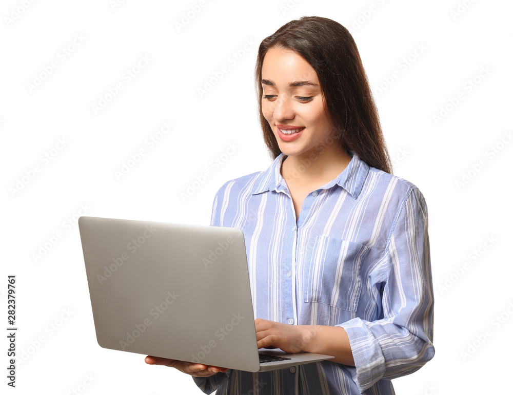 Young female programmer with laptop on white background Young female programmer with laptop on white background