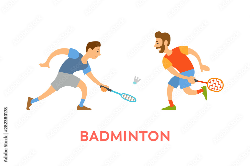 Players of badminton vector, men wearing summer clothes holding rackets hitting ball isolated characters in sportive mood. Competitors on tournament