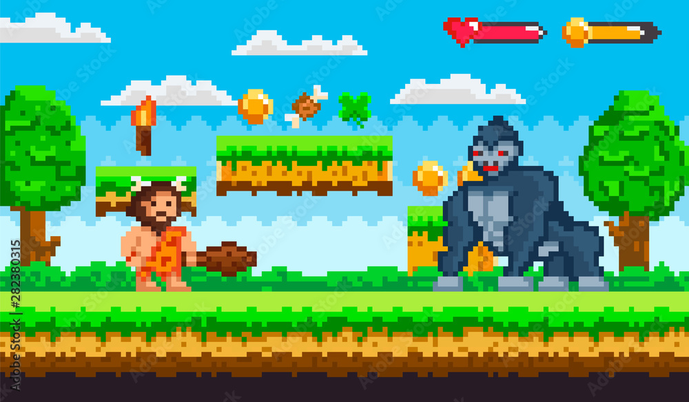 Pixel game with caveman wearing animal pelt with a baton against huge gorilla. Prehistoric bearded man, primitive stone age character arcade. Platformer video-game. Retro 8 bit pixelated art app gemes Stock Vector | Pixel game with caveman wearing animal pelt with a baton against huge gorilla. Prehistoric bearded man, primitive stone age character arcade. Platformer video-game. Retro 8 bit pixelated art app gemes Stock Vector |