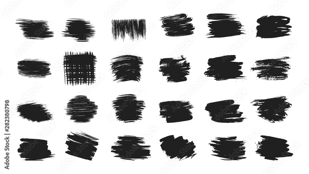 Big set of dirty artistic abstract elements with brush strokes black paint texture vector illustration isolated on white background. Calligraphy brushes high detail abstract elements.
