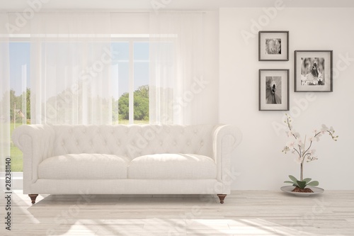 Stylish room in white color with sofa. Scandinavian interior design. 3D illustration © AntonSh