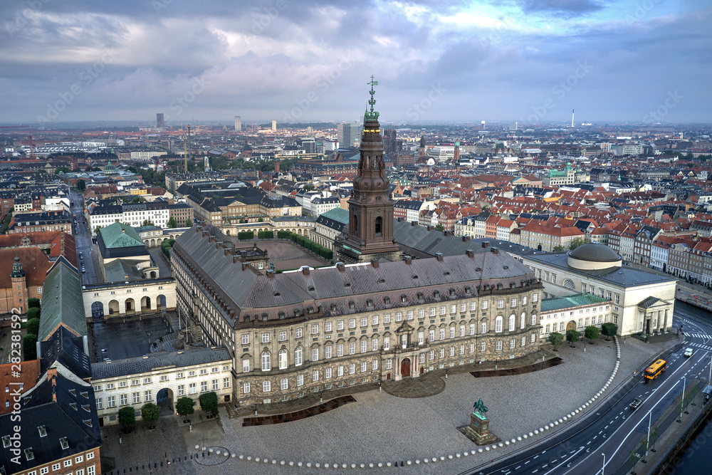 Aerial view of Christiansborg Palace located in Copenhagen, Denmark