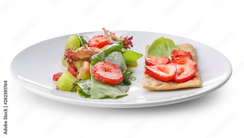 Plate with fresh tasty salad on white background