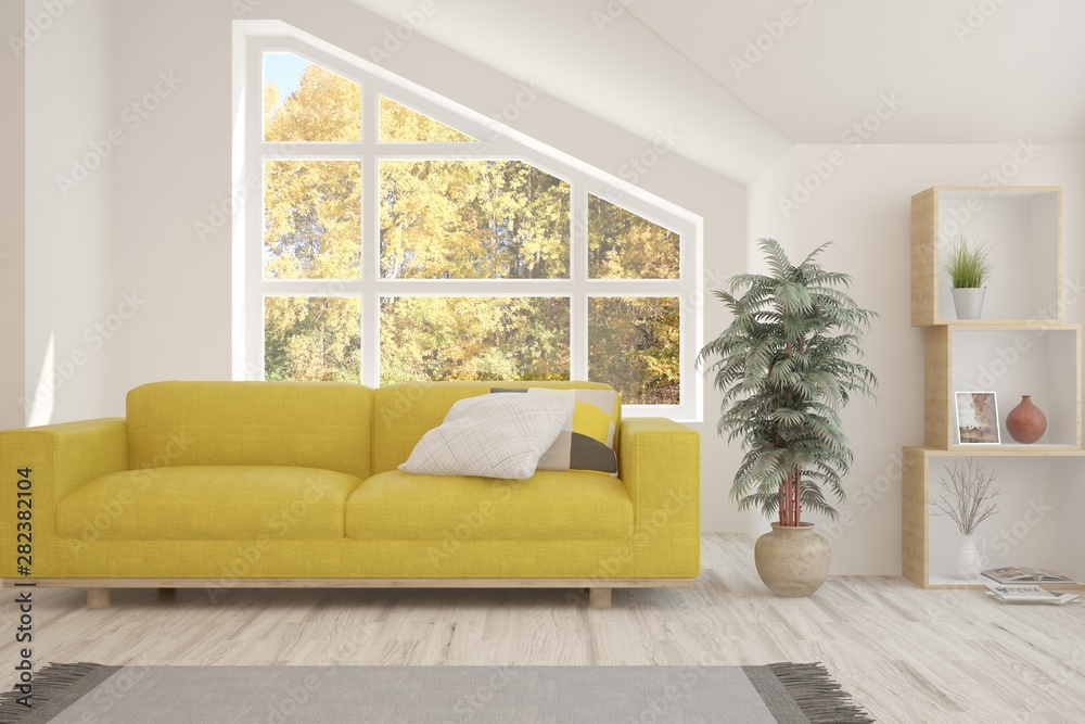 Stylish room in white color with sofa and autumn landscape in window. Scandinavian interior design. 3D illustration Stylish room in white color with sofa and autumn landscape in window. Scandinavian interior design. 3D illustration