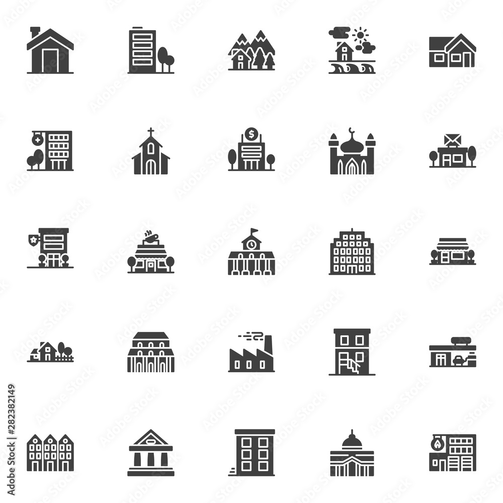 Buildings vector icons set, modern solid symbol collection filled style pictogram pack. Signs, logo illustration. Set includes icons as home, house, fire station building, police building, post office