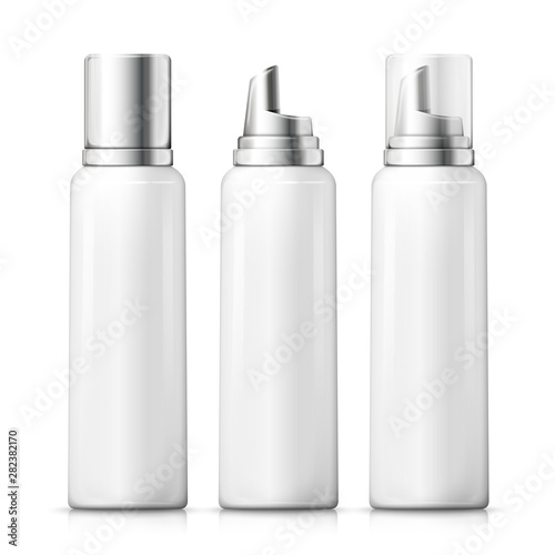 Vector set - 3d realistic foam bottles with silver and plastic caps. Mock-up for product package branding.
