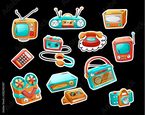 Stickers with retro devices in funny mixed style