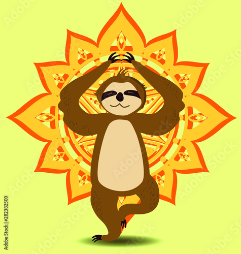 Cute yoga instructor sloth meditating in yoga lotus pose teaching to stay calm and relaxed of background of the indian pattern. Humorous motivational poster or card illustration