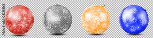 Four glass balls with a pattern of large snowflakes and a snow blizzard to decorate the Christmas tree. Set of realistic vector christmas balls of red, gold, blue and transparent on an abstract backgr