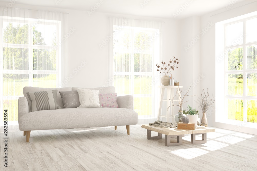Stylish room in white color with sofa. Scandinavian interior design. 3D illustration Stylish room in white color with sofa. Scandinavian interior design. 3D illustration
